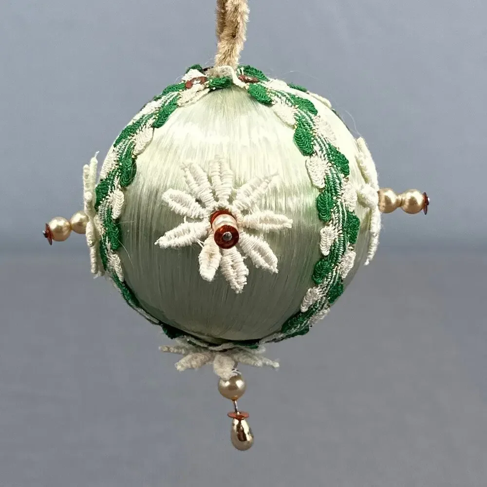 4 VTG Handmade Push Pin Satin Ball Ornament Bead Sequin Christmas ribbon Kitschy